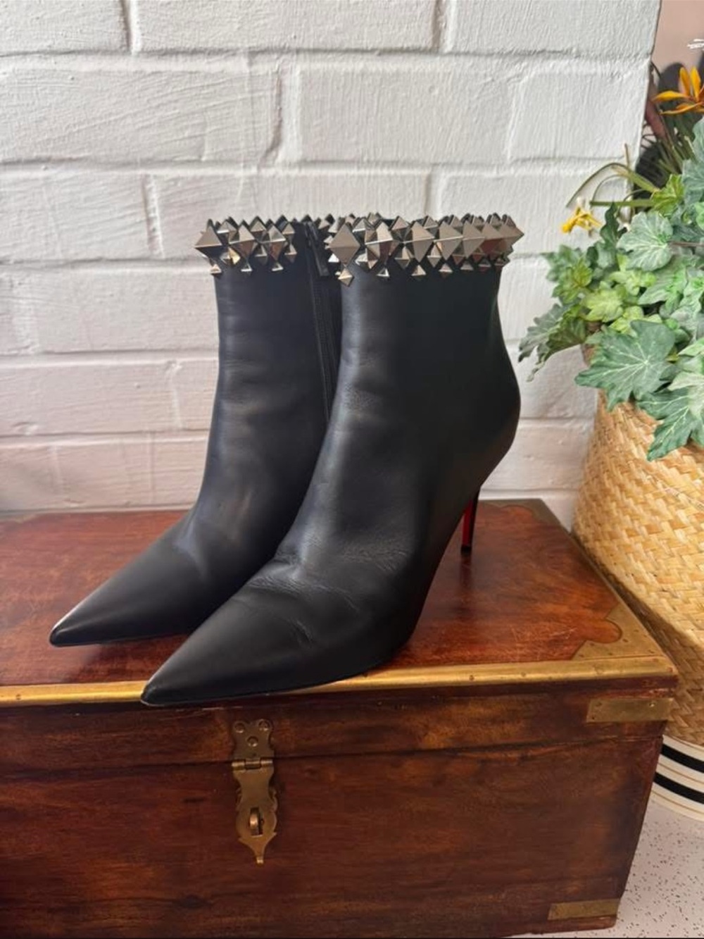 Christian Louboutin Black Leather Pointed Ankle Boots with Silver Stud Collar